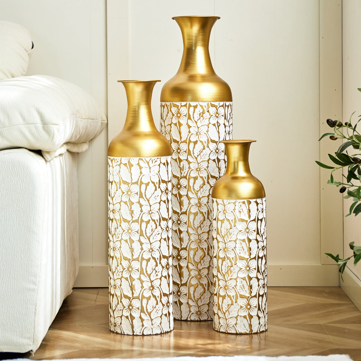 Bodenvase-Set aus Metall, 3er-Set (Gold/Weiß)